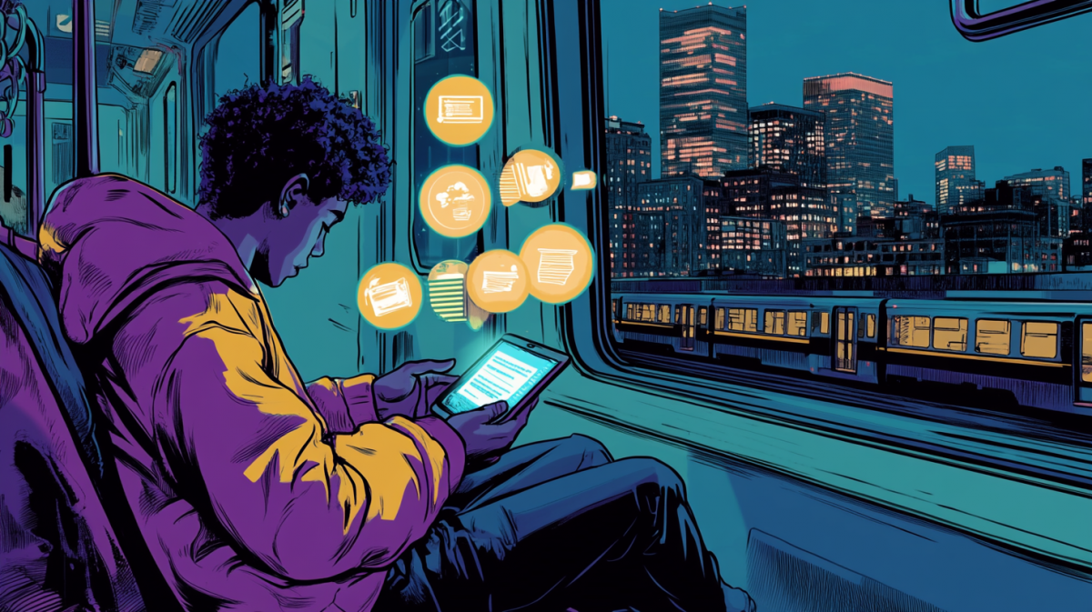 A comic book-style scene of a person sitting on a train, reading a mobile device with multiple RSS feed icons surrounding them, while the city of Boston passes by outside, symbolizing the challenge of reading online content underground. --ar 16:9 --v 6.1 --seed 2478964621
