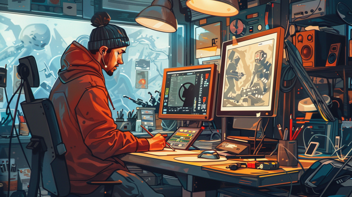 A comic book-style image of a human artist in a creative studio, working on a digital canvas while an AI assistant on a separate screen provides artistic suggestions.