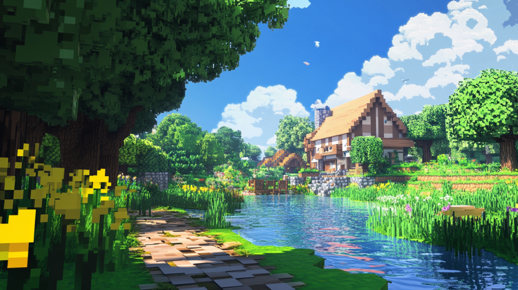 A comic book-style scene of Minecraft --ar 16:9 --v 6.1 --seed 3399134789
