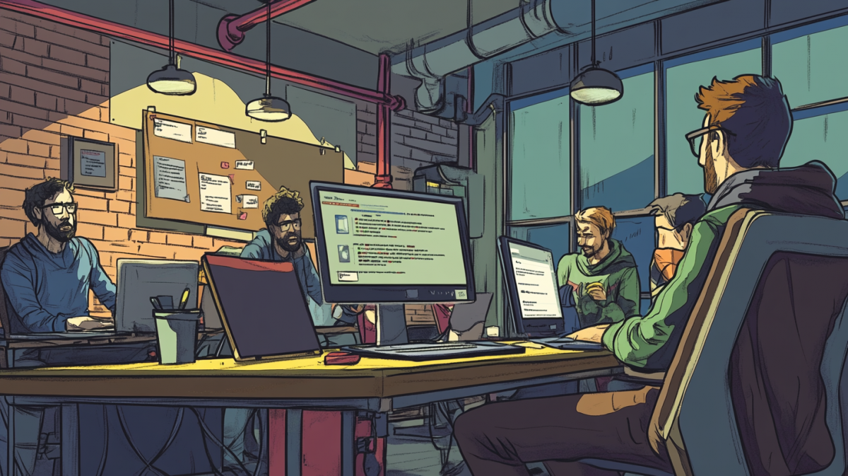 A comic book-style scene of a WordPress editor with shortcode tags like [button], [gallery], and [columns] floating around the screen, with a developer demonstrating their use to a small audience in a casual workshop setting. --ar 16:9 --v 6.1 --seed 1772818393