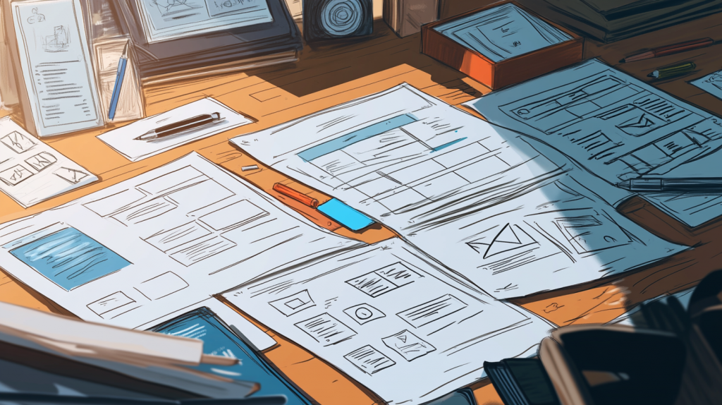 A comic book-style scene of a bunch of pieces of paper on a desk with different UX drawings on them. It's mostly made up of landing pages. --ar 16:9 --v 6.1 --seed 3197399567