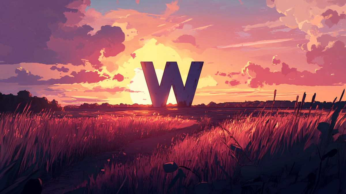 A comic book-style scene of a giant letter "W" sitting in an open field at sunset --ar 16:9 --v 6.1 --seed 2318322693