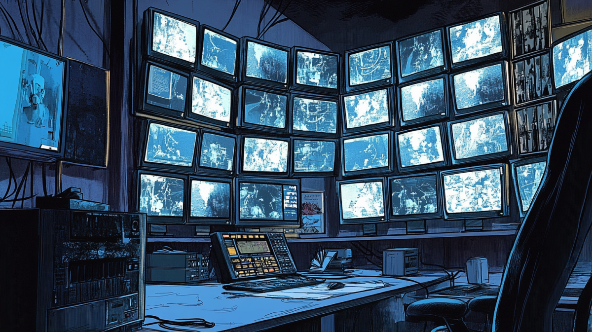 A comic book-style scene of a grid of TVs in a security monitor's room --ar 16:9 --v 6.1 --seed 4003467699