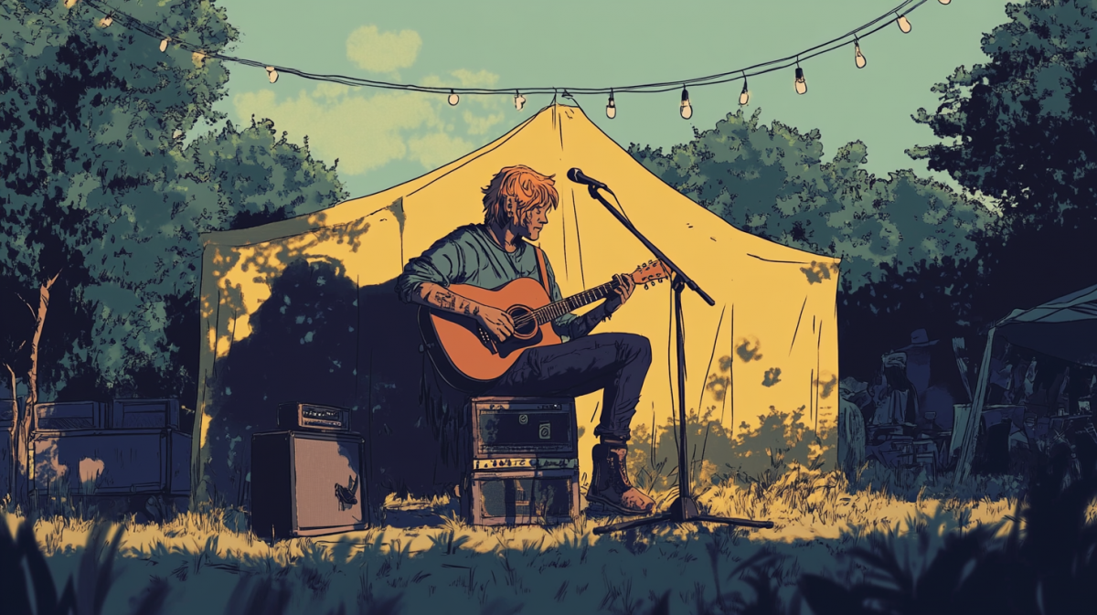 A comic book-style scene of a person playing their guitar on a small stage at a festival --seed 3336960164