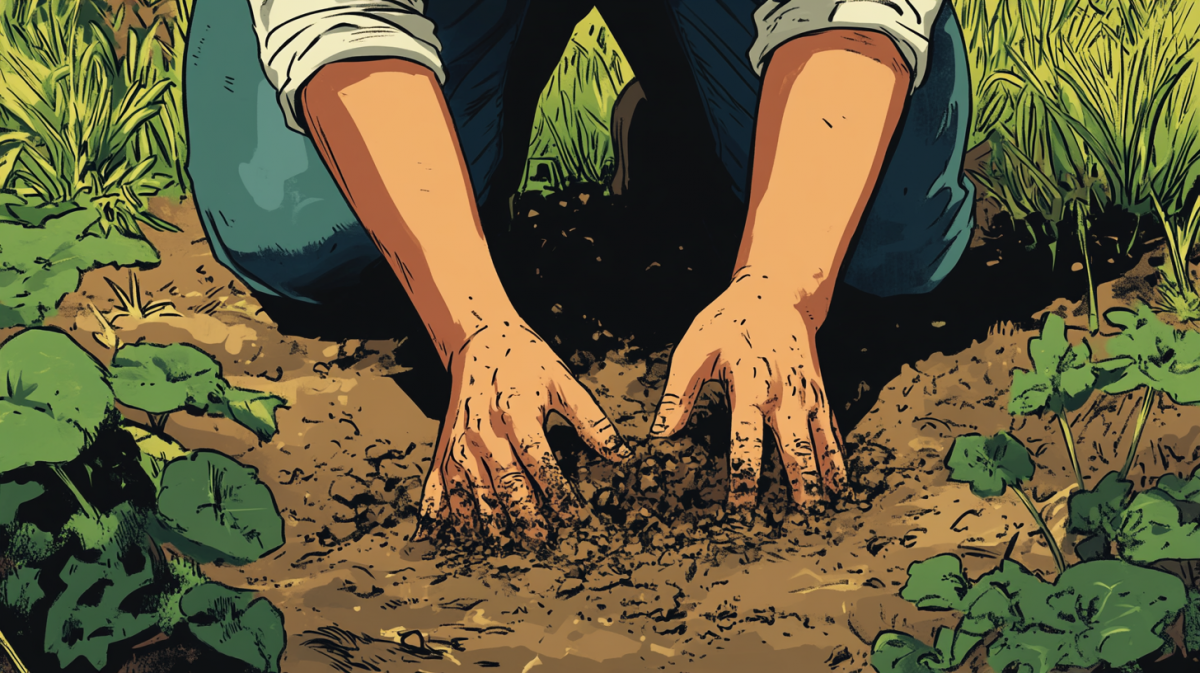 A comic book-style scene of a person working on their garden, on their knees with their hands in the dirt. --ar 16:9 --v 6.1 --seed 607598903