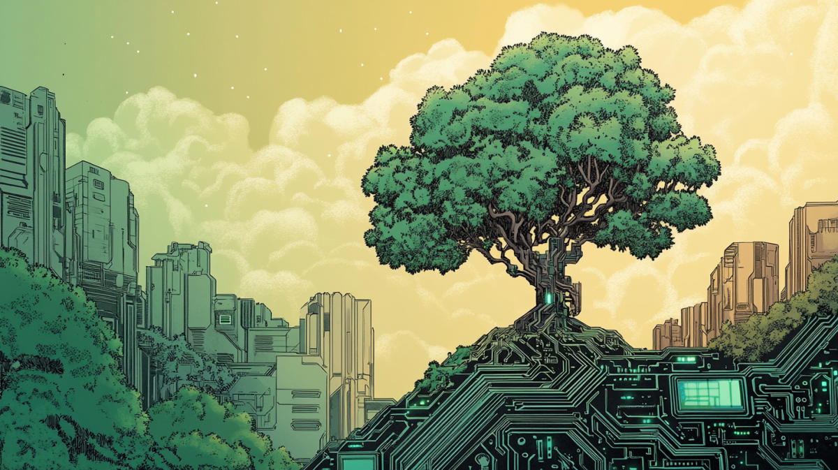 A comic book-style scene of a tree Growing from a Circuit Board --ar 16:9 --v 6.1 --seed 3299307715