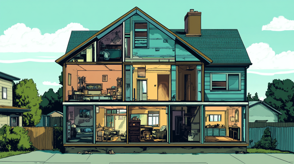 A comic book illustration style scene of a side view of a house with the walls removed so you can see inside each of the five rooms. --ar 16:9 --v 6.1 --seed 4019862334
