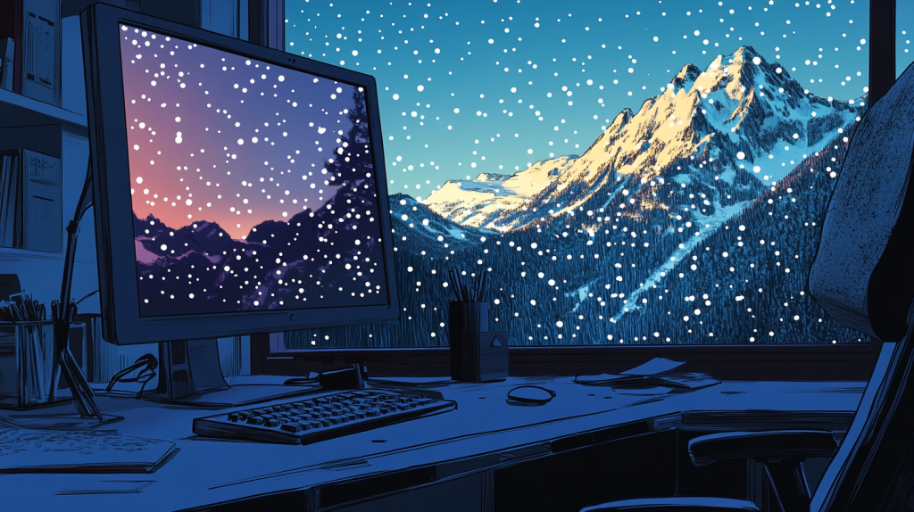 A comic book-style image of a computer screen with little white dots on it, all the same size, moving around the screen quickly. The dots are moving around on top of an image of a mountain. The is all only on the screen. the computer is in a home office. --ar 16:9 --v 6.1 --seed 1282331496