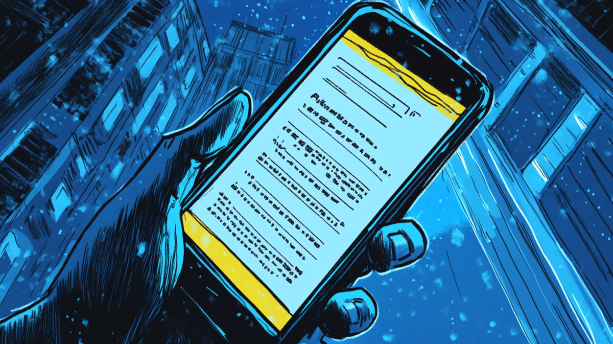 A comic book-style image of a newsletter on a mobile device --ar 16:9 --v 6.1 --seed 3191613320