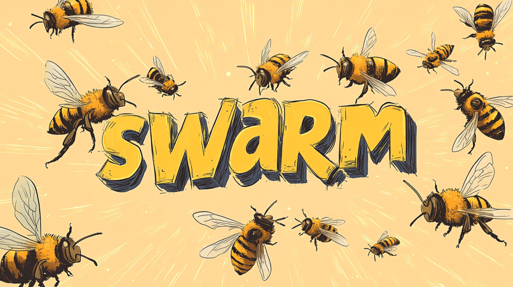 A comic book-style minimalist scene of a bunch of bees flying around the word "swarm". keep it light and friendly --ar 16:9 --v 6.1 --seed 3930797450