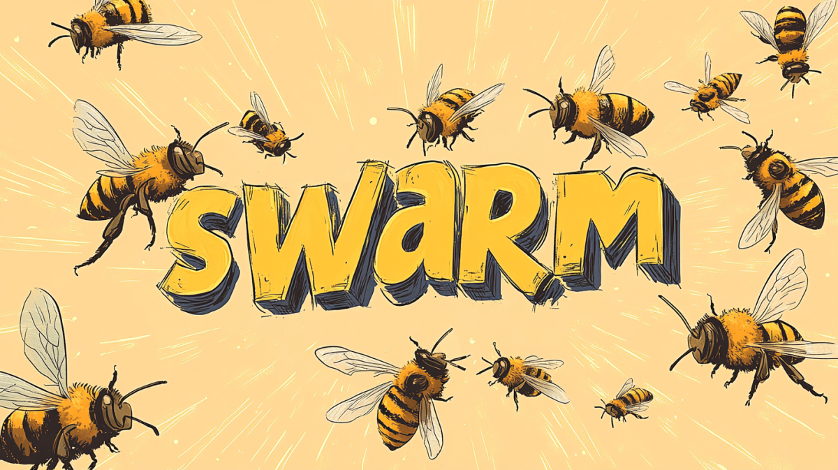 A comic book-style minimalist scene of a bunch of bees flying around the word "swarm". keep it light and friendly --ar 16:9 --v 6.1 --seed 3930797450
