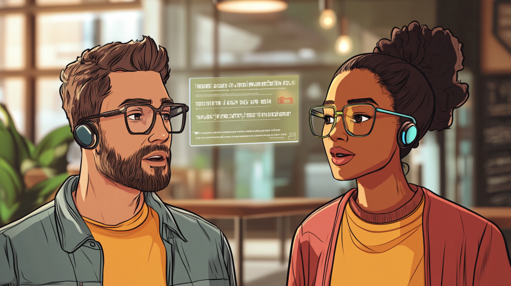 A comic book style illustration of Two individuals from different cultural backgrounds engaged in conversation, each speaking a different language, while a small wearable AI device (earbuds or AR glasses) translates in real time. A subtle overlay illustrates the translation process, with text appearing above their heads in both languages. The setting is a lively café, suggesting a natural and effortless conversation between them. --ar 16:9 --seed 1807461000