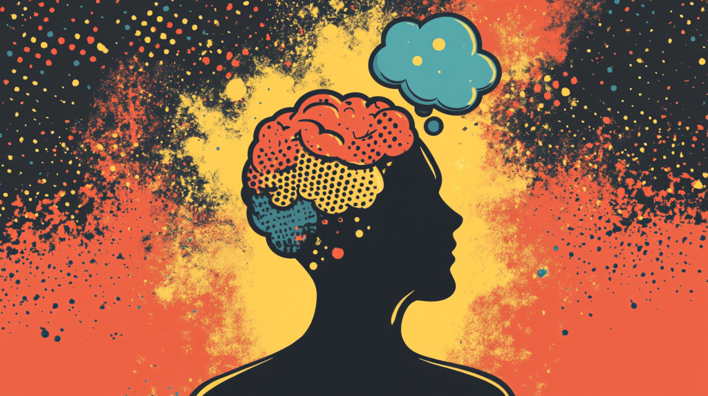 A comic book style illustration of a human head silhouette with thought bubbles inside --seed 3589310772