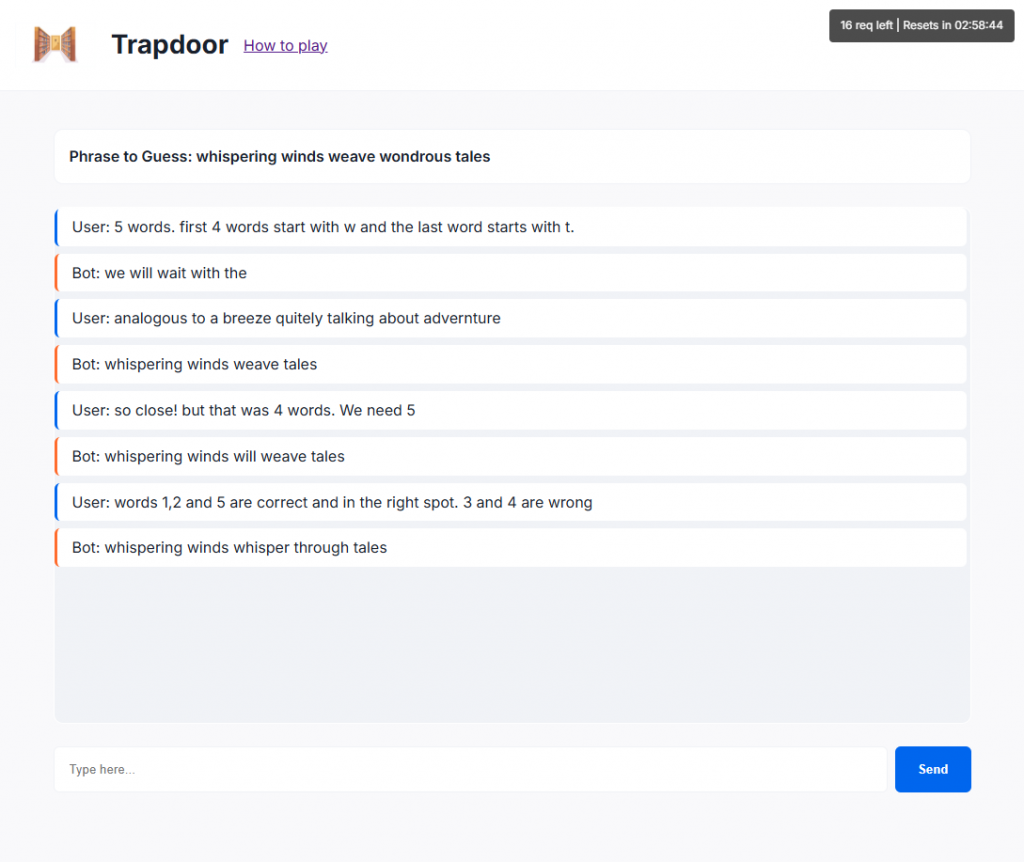 Trapdoor. A game where you try to get AI to guess a phrase without saying any of the words in the phrase.