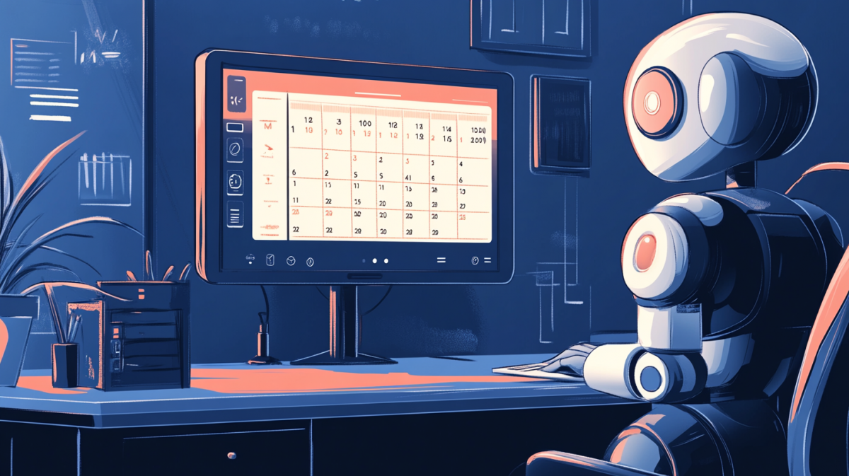 A comic book illustration style scene of a digital calendar interface being updated by an AI assistant, clean layout, flat design, soft cool tones, minimal and professional