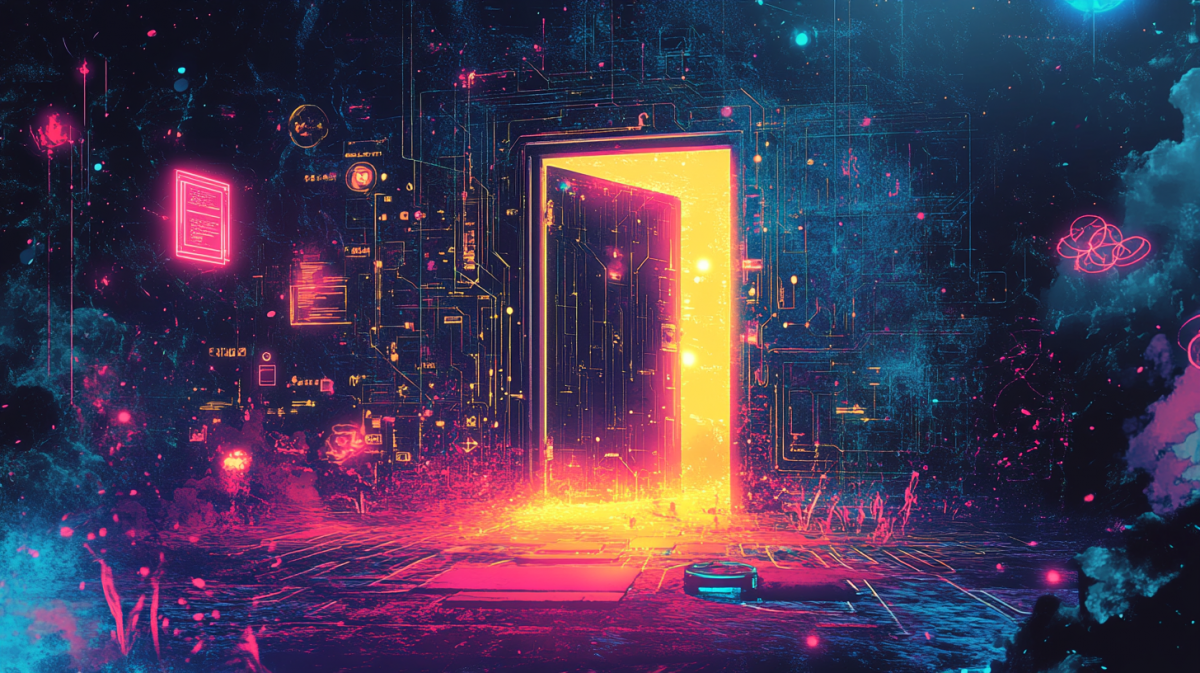 A comic book illustration style scene of a mysterious locked door floating in a glowing neural network, surrounded by abstract symbols and language fragments