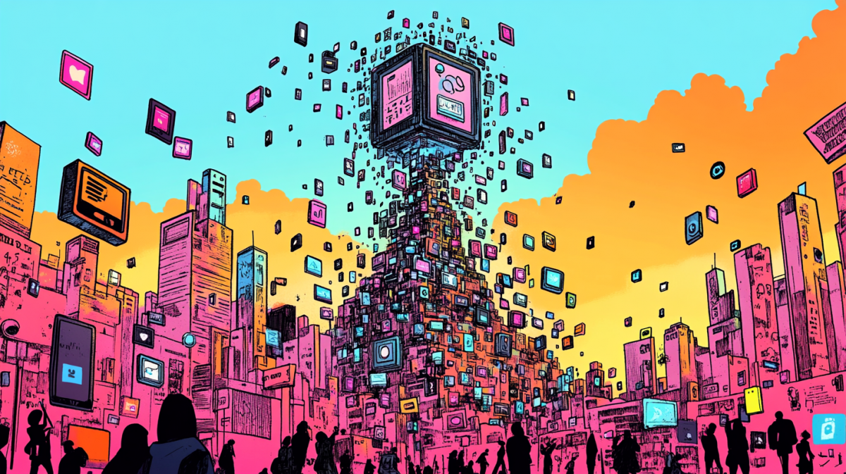 Comic book style illustration of a giant algorithm machine towering over a city made of app icons, gently funneling content into people’s phones below--each person receiving a unique stream. Bright, punchy colors, halftone texture, and a subtle sense of awe rather than doom --seed 876293896