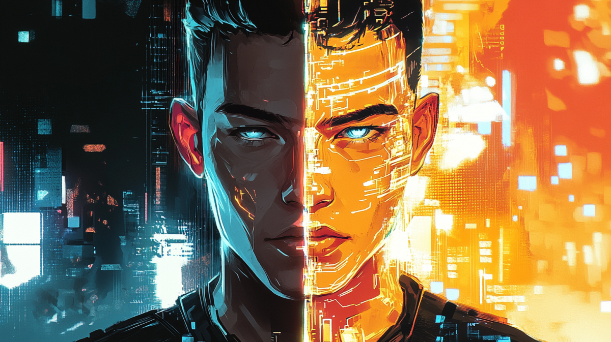 A comic book illustration style portrait of a person transforming into a fantasy avatar, with half of their face realistic and the other half stylized as a cyberpunk hero, surrounded by glowing digital effects and abstract interface elements