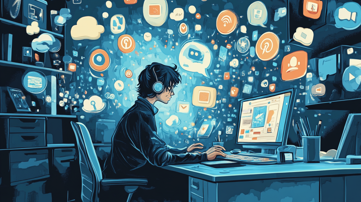 A comic book illustration style scene of a designer at a desk surrounded by floating social media icons in various styles and shapes