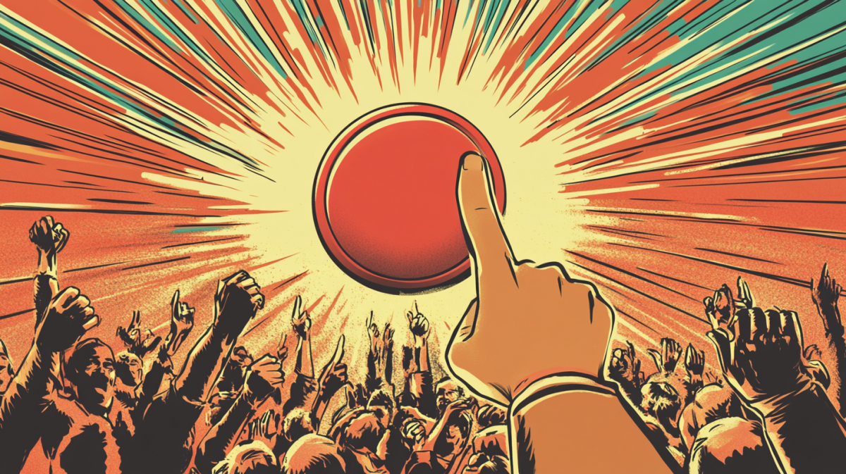 A comic book illustration style scene of a person clicking a giant share button with content spreading out to a crowd of cheerful people